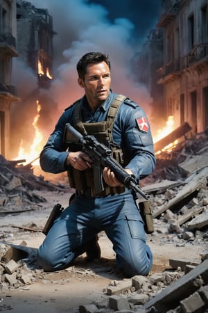 1guy, full body, a combat scene, a city devastated by war. At night, buildings in ruins and on fire.

In the center of the image a beautiful soldier shoots at the enemy. He is on his knees with a gun in his hands

The man is beautiful, Danish, mature, 30 years old, very light and bright blue eyes, black hair, full and pink lips, long eyelashes. Muscular chest, very strong, ((very hairy chest)).

You can see the details of the scene. Panning shot,Extremely Realistic