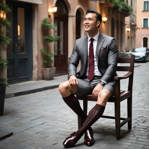 full body portrait, men, handsome, beautiful, photorealistic, wearing black vertical stripe over the calf socks, burgundy necktie, charcoal italian jacket, wearing brown formal loafers, wearing shorts , italian men, looking up to the sky, sitting, speaking, solo, facing right hand side, cinematic, editorial,Sony a7 III Mirrorless Camera, in a european old town, rock pedestrian road, evening with cloudy sky, sitting on a chair, smile, 175cm tall