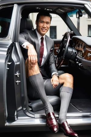 1guy, full body, over the calf socks with burgundy vertical stripe, charcoal formal suit,  sitting in the driver's seat and getting out from the rolls royce car, car door opened, view from outside to the car, in the city, wearing shorts, eye level view, european with black hair, RAW, realistic, soft lighting, pinstripe, elbow hanging on the car window, hand resting on steering wheel, left leg step on the floor, smiling