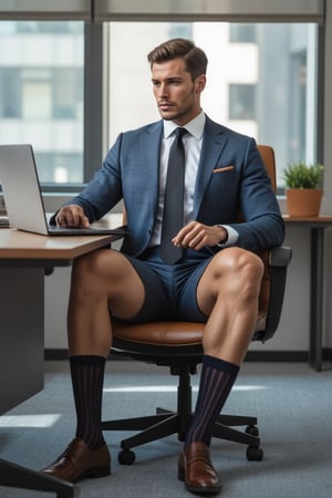 handsome suit men with bermuda shorts in 30s, working in the office and sitting on a chair and wearing otc socks with vertical strips, muscular legs, realistic, masterpiece of photography, highly detailed face, full portrait, large windows, modern furniture, having meeting in the boardroom, looking at the laptop