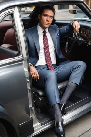 1guy, full body, over the calf socks with blue vertical stripe, charcoal formal suit,  sitting in the driver's seat, car door opened, view from outside to the car, in the city, wearing shorts, eye level view, french with black hair, RAW, realistic, soft lighting, pinstripe, elbow hanging on the car window, one leg stepping out from the car, burgundy necktie