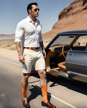 1guy, full body, over the calf socks with orange vertical stripe, car door opened, in the america desert, wearing white dotted shorts, eye level view, french with black hair, RAW, realistic, soft lighting, elbow hanging on the car window, brown shiny loafers, double cuffed shirt, luxurious watch, road sign, car engine steaming, off white shirt, sunlight with shadow, editorial