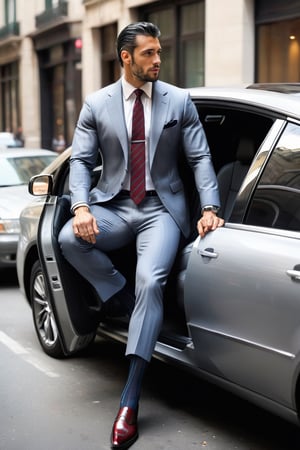 1guy, full body, over the calf socks with blue vertical stripe, grey formal suit blazer,  sitting in the driver's seat, car door opened, view from outside to the car, in the city, wearing grey shorts, eye level view, french with black hair, RAW, realistic, soft lighting, pinstripe, elbow hanging on the car window, one leg stepping out from the car, burgundy necktie