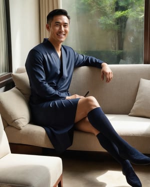 1guy, full body, man wearing navy morning gown, open gown, wearing black over the calf socks with vertical stripe, young asian man, soft lighting, 4k, high detail, wearing formal loafers, sitting on the coach, RAW, shadow from the window, smiling, legs_apart