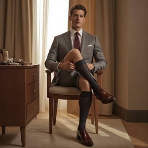 handsome european suit man with black hair in 30s wearing bermuda shorts, sitting on a chair, pulling his black knee high over the calf socks, vertical strips, photorealistic, masterpiece of photography, highly detailed face, full portrait, one of the legs raised up, no extra legs, he is wearing shiny brown oxford shoes

The office has a minimalist, modern decor with muted colors. On a nearby dresser, there's a collection of cufflinks and a watch. The lighting is warm, suggesting early morning sunlight filtering through partially opened curtains. The overall mood is one of preparation and anticipation for the day ahead. Photorealistic, high detail, soft lighting, showing full portrait