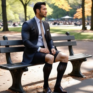 1guy, full body, black over the calf sheer socks with vertical stripe, sitting on the rusty bench, french with black hair, RAW, realistic, soft lighting, eating lunch in new york central park, brown shiny oxford ,men, sunlight casting to the face, 4K detailed, vertical stripe shirt, silver necktie