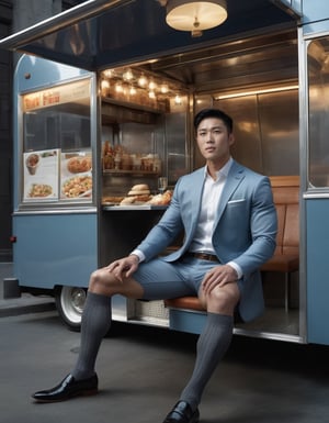 soft lighting, RAW , photorealistic,Masterpiece, wearing grey vertical strip over the calf socks,Movie Still, full body portrait, asian men, wearing black loafers, male flight attendent with light blue blazer with flight attendant uniform, handsome, first class, textured seats, male attendent pushing food cart, wearing shorts, kneehigh socks, 8k HD wallpaper,intricate details, editorial, spread legs, showing shoes, muscular legs