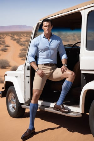1guy, full body, over the calf socks with blue vertical stripe,  kneehigh, car door opened, in the america desert, wearing shorts, eye level view, Scandinavian young man with black hair, RAW, realistic, soft lighting, elbow hanging on the 4WD window, brown shiny loafers, double cuffed shirt, luxurious watch, amercian road sign, 4WD front open and engine steaming, soft lighting