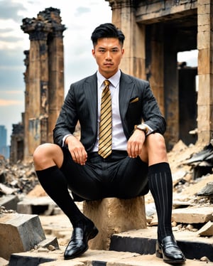 The portrait of a young chinese man in 'Dreamy Dystopia', shrouded against a dusky landscape of desolate ruins, a striking presence standing resilient and full of hope,intricate portrayal that evokes genuine emotion. (high detailed skin:1.2), 8k uhd, dslr, , high quality, Fujifilm XT3, wearing shorts, wearing black over the calf socks with vertical stripe, wearing gold necktie, wearing pinstrip suit, soft lighting, photorealistic, squatting, wearing black formal loafers, cloudy sky, wide spread legs, yaoi