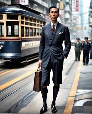 des voeux road of Hong Kong in 1930s, photorealistic, highly detailed, hong kong tram in black colour, men in suit with 90s style, wearing navy over the calf socks with vertical stripes, RAW, soft lighting, detailed, solo focus, handsome chinese man, full body portrait, wearing loafers, pov_eye_contact, vintage, 1guy, average weight guy, 4K, men from 2010