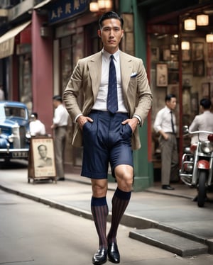 des voeux road of Hong Kong in 1930s, photorealistic, highly detailed, sitting in front of barber shop, men in suit, wearing navy over the calf socks with vertical stripes, RAW, soft lighting, detailed, solo focus, handsome chinese man, full body portrait, wearing loafers, pov_eye_contact, vintage, 1guy, muscular guy, 4K, wearing shorts, longer legs, wide spread leg