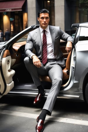 1guy, full body, over the calf socks with white vertical stripe, charcoal formal suit,  sitting in the driver's seat, car door opened, view from outside to the car, in the city, wearing shorts, eye level view, french with black hair, RAW, realistic, soft lighting, pinstripe, elbow hanging on the car window, one leg stepping out from the car, burgundy necktie, brown loafers