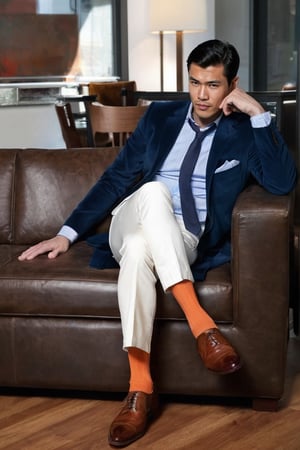 solo, short hair, shirt, black hair, long sleeves, 1boy, holding, sitting, jacket, full body, male focus, open clothes, necktie, shoes, orange socks, striped, collared shirt, pants, indoors, open jacket, window, facial hair, chair, brown footwear, formal, crossed legs, suit, blue shirt, blue jacket, couch, vertical stripes, hand on own face, striped shirt, white pants, on couch, coffee, vertical-striped shirt, elbow rest, arm rest,  handkerchief on the left pocket