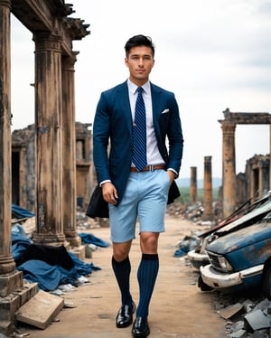 The portrait of a young asian man in 'Dreamy Dystopia', shrouded against a dusky landscape of faded denim blue desolate ruins, a striking presence standing resilient and full of hope, cinematic,intricate portrayal that evokes genuine emotion. (high detailed skin:1.2), 8k uhd, dslr, , high quality, Fujifilm XT3, wearing shorts, wearing over the calf socks with vertical stripe, blue necktie, smile, black shiny loafers