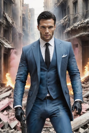 1guy, full body, a combat scene, a city devastated by war. buildings in ruins and on fire.

In the center of the image a beautiful suit guy and wearing otc socks, He is on his knees with a gun in his hands

The man is beautiful, Danish, mature, 30 years old, very light and bright blue eyes, black hair, full and pink lips, long eyelashes. Muscular chest, very strong, ((very hairy chest)).

You can see the details of the scene. Panning shot,Extremely Realistic,more detail XL