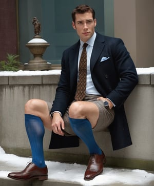 modern, RAW, blue paisey tie , photorealistic,Masterpiece, 1guy, brown vertical strip socks,Movie Still, full body portrait, Hong Kong, wearing oxford shoes,men, sitting, wearing linen bermuda shorts,handsome, hairy legs, black over the calf socks, paisley tie, checked shirt, looking front, heavy snow, wearing coat, black socks