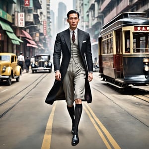 des voeux road of Hong Kong in 1930s, photorealistic, highly detailed, hong kong tram in black colour, men in suit, wearing black over the calf socks with vertical stripes, RAW, soft lighting, detailed, solo focus, handsome asian man, full body portrait, wearing loafers, pov_eye_contact, vintage, 1guy, average weight guy, 4K