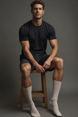 handsome man in 30s, sitting on a stool and wearing socks and adjusting his socks,  otc socks with vertical strips, medium thickness legs, realistic, masterpiece of photography, highly detailed face, full portrait