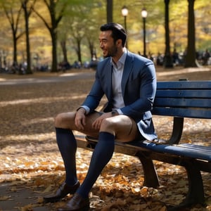 1guy, full body, over the calf socks with blue vertical stripe,  kneehigh, sitting on the rusty bench, french with black hair, RAW, realistic, soft lighting, eating lunch in new york central park, brown shiny oxford ,men, sunlight casting, 4K detailed