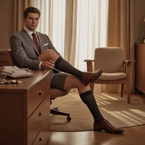 handsome european suit man with black hair in 30s wearing bermuda shorts, sitting on a chair, pulling his black knee high over the calf socks, vertical strips, photorealistic, masterpiece of photography, highly detailed face, full portrait, one of the legs raised up, no extra legs, he is wearing shiny brown oxford shoes

The office has a minimalist, modern decor with muted colors. On a nearby dresser, there's a collection of cufflinks and a watch. The lighting is warm, suggesting early morning sunlight filtering through partially opened curtains. The overall mood is one of preparation and anticipation for the day ahead. Photorealistic, high detail, soft lighting, showing full portrait