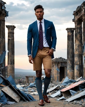 The portrait of a young man in 'Dreamy Dystopia', shrouded against a dusky landscape of faded denim blue desolate ruins, a striking presence standing resilient and full of hope, cinematic,intricate portrayal that evokes genuine emotion. (high detailed skin:1.2), 8k uhd, dslr, , high quality, Fujifilm XT3, wearing shorts, wearing over the calf socks with vertical stripe, open necktie