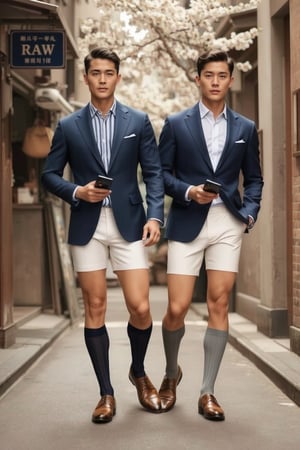 2guy, full body, in a very narrow alley, realistic photoshoot, RAW, soft lighting, wearing dark over the calf socks with white vertical stripe and beige oxford shoes, wearing blazer and white bermuda shorts, editorial, 178cm tall, blurred background, striped shirt, large bulge, cherry blossom, cherry tree, wearing brown formal shoes, the first man is Latino, tanned, 30yo. The second man is Korean, muscular, with pale white skin. 20yo, wearing grey kneehigh socks, editorial