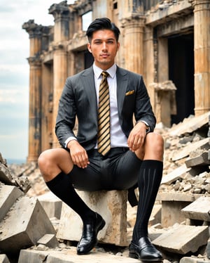 The portrait of a young asian man in 'Dreamy Dystopia', shrouded against a dusky landscape of desolate ruins, a striking presence standing resilient and full of hope,intricate portrayal that evokes genuine emotion. (high detailed skin:1.2), 8k uhd, dslr, , high quality, Fujifilm XT3, wearing shorts, wearing black over the calf socks with vertical stripe, wearing gold necktie, wearing pinstrip suit, soft lighting, photorealistic, squatting, wearing black formal loafers, cloudy sky, wide spread legs, yaoi