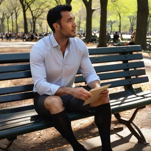 1guy, full body, black over the calf socks,socks with ed vertical stripe,  sitting on the rusty bench, french with black hair, RAW, realistic, soft lighting, eating lunch in new york central park, brown shiny oxford ,men, sunlight casting on the men, 4K detailed, vertical stripe shirt, solo focus
