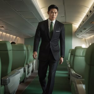 soft lighting, RAW , photorealistic,Masterpiece, wearing vertical strip over the calf socks,Movie Still, full body portrait, asian men, wearing black loafers, male flight attendent, handsome, business class, green uniform, solo, other passengers, 