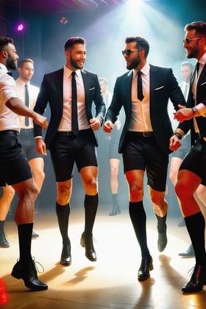 suit guys in a disco party, dancing happily, wearing bermuda shorts and black over the calf socks, realistic, soft lighting, RAW