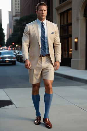 over the calf socks, wearing shorts, soft lighting, RAW, beige suits, blue tie photorealistic,Masterpiece, 1guy, vertical strip socks, otc socks,Movie Still, full body portrait, caucasian , wearing loafers