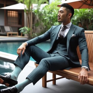 long socks,  Japanese, full body portrait, men, handsome, beautiful, photorealistic, teal vertical stripe socks, necktie, charcoal jacket, loafers, shirt in black colour, gay_sex,sitting,facing right hand side, pinstripe suit, on the poolside, tropical, wearing shorts