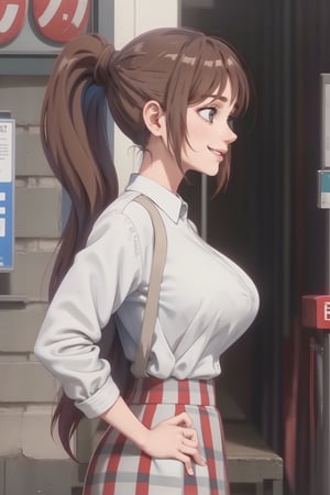 25 years old sexy girl, smiling, black hair, hourglass body shape, hazel eyes, big breast 1:1,  waiting a bus,  long avenue, stores on the sides, bus stop,looking back, laughing, sunny day, ponytail, scholar uniform  sunny day, ponytail, red checked mini skirt, open white shirt
