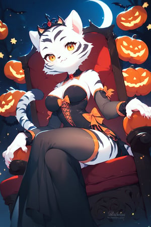 score_9, score_8_up, score_7_up, tiger, furry female, cat eyes, yellow eyes, wear a condensation dress, Her dress is red and black, she is sitting on a throne, halloween decoration, white fur with black stripes, night, His hands are perfect, claws, perfect hand, Beautiful eyes, More Reasonable Details,