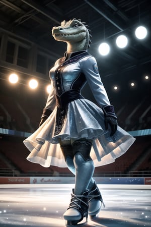 beautiful, ((masterpiece)), cinematic lighting, stuffed crocodile dressed as a professional ice skater,  female, detailed eyes, ultra detailed, perfect hands,