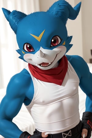 score_9, score_8_up, score_7_up, photorealism, veemon, digimon, blue skin, red eyes, anthro male, He wears a white sleeveless shirt, wears black fingerless gloves, He wears black pants, Her hands are perfect, white claws, Veemon is beautiful and very attractive, he makes a cool pose, perfect hand, more detail XL, His teeth are perfect,