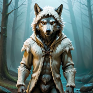 Please create a painted digital image of an anthropomorphic wolf with black fur, in a realistic style.

The wolf is standing on two legs with a sly expression.  He wears a white lamb hood, but his wolf claws and fangs can be seen.
The wolf should look aggressive and defiant.

The wolf stares directly into the camera with wide eyes trying to look innocent, but in reality he is treacherous and evil
He specifies more details about the costume: "He wears a full lambskin that covers his head, torso, legs, and tail."
He describes the texture: "The lambskin looks fluffy and plush, totally covering the wolf's fur."
He gives color instructions: "The costume is pure white, with black spots around the eyes that simulate a lamb's fur."
He calls for realism: "The visual effect should be hyper-realistic, not an obvious costume but as if it were his own skin."
,potma style

That he wears the head of a dead lamb on top of the wolf's head like a hood, in the style of esao andrews,darkart