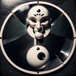 Please create a hyper-realistic image of a vinyl record on a black background, depicting the Taoist symbol of yin and yang.

The vinyl must be seen from above, in a 30 cm circular format. In the center is the yin yang icon, with the black and white halves intertwined.

The black half occupies the upper left, and has a white dot inside. The white half at the bottom right, with its black dot.

The circular outline of the vinyl is bright gold. 