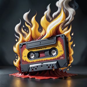 It creates a hyper-realistic image of an old audio cassette on fire, on a black background.

The cassette should be viewed from the front, with the magnetic tape exposed. Flames consume the cassette from the edges inwards.

The fire is in shades of orange, yellow and deep red. The tape melts and warps from the heat. Black smoke comes out.

The plastic of the cassette looks charred and cracked. The flames lick the entire surface and reflect off the tape.

, 3D SINGLE TEXT,DonM3l3m3nt4lXL