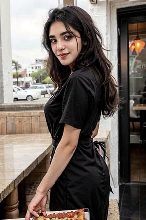 Lovely cute young attractive teenage girl, city girl, 18 years old, cute, an Instagram model, long black_hair, colorful balck one side, shy smile, shot dress red, in pizza shop,