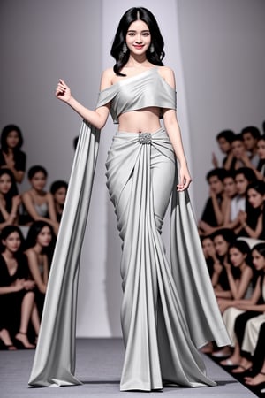 1girl, solo, fashion saree gray hot smile jeans full body, black_hair, bare_shoulders, looking_at_viewer, standing, full_body, realistic, blurry_background, fashion 
show stylish  brown_eyes, breasts, white_dress, blurry,<lora:659111690174031528:1.0>