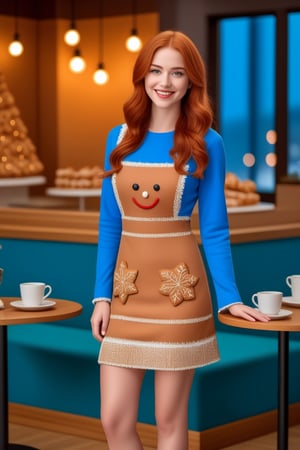 Photo RAW, 1 woman, posing, redhead, beautiful (smiling:0.7) face, closed (made from Christmas gingerbread:1.1) dress, blue dress full body with sleeves, complex cafe background, 8k uhd, dslr, soft lighting, high quality, film grain, Fujifilm XT3, complex details, hdr, hyper detail,,<lora:659095807385103906:1.0>