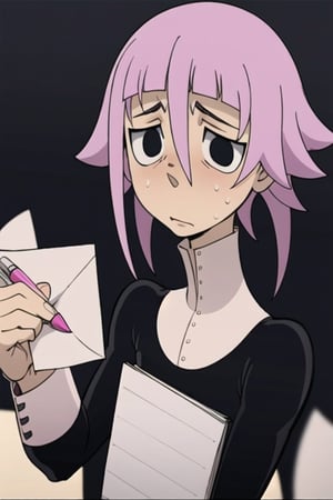 crona_soul_eater,pink hair,black eyes,shy,nervous,writing_utensil,paper,hair_over_eye