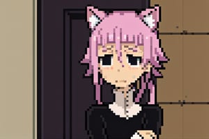 crona_soul_eater,pink hair,black eyes,Pixel art,blushing,cat_ears,cat_tail,full_body,sad_face