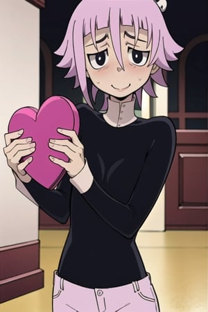 crona_soul_eater,pink hair,black eyes,shy,blushing,nervous,hair_over_eye,valentine's_day,facing_viewer,holding_object,smiling_shyly