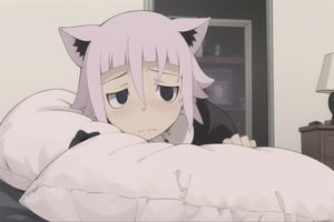 crona_soul_eater,pink hair,black eyes,Pixel art,blushing,cat_ears,cat_tail,full_body,shy,submissive,bed,cuddles