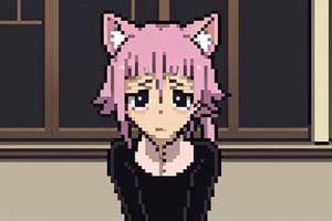 crona_soul_eater,pink hair,black eyes,Pixel art,blushing,cat_ears,cat_tail,full_body,sad_face