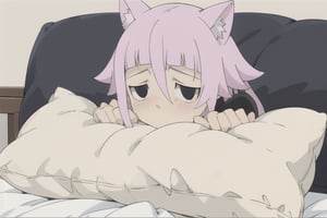 crona_soul_eater,pink hair,black eyes,Pixel art,blushing,cat_ears,cat_tail,full_body,pillow,shy