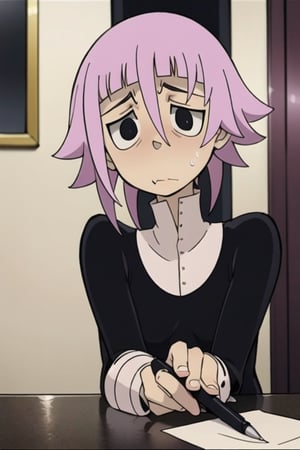 crona_soul_eater,pink hair,black eyes,shy,nervous,writing_utensil,writing,letter