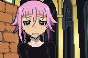 crona_soul_eater,pink hair,black eyes,Pixel art,blushing,dress